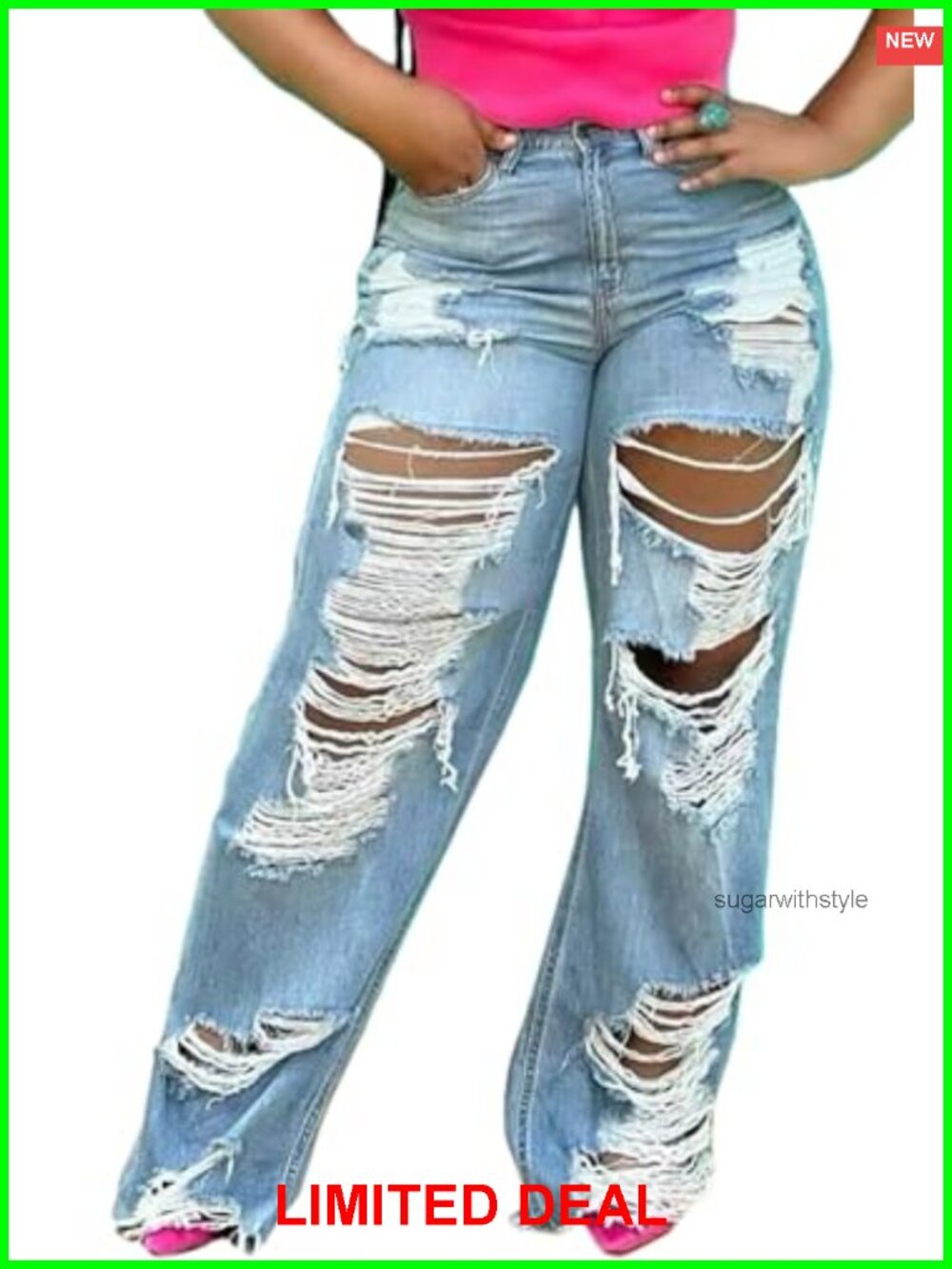 Baggy Ripped Wide Leg Distressed Denim Jeans High Waisted Loose Fit